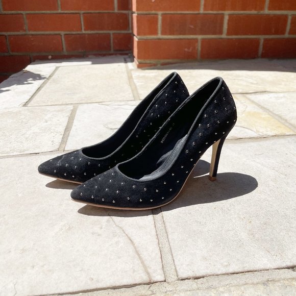 ✨ Black Suede Studded Heels (Metal Pearls) | SUNCOO - Picture 1 of 4